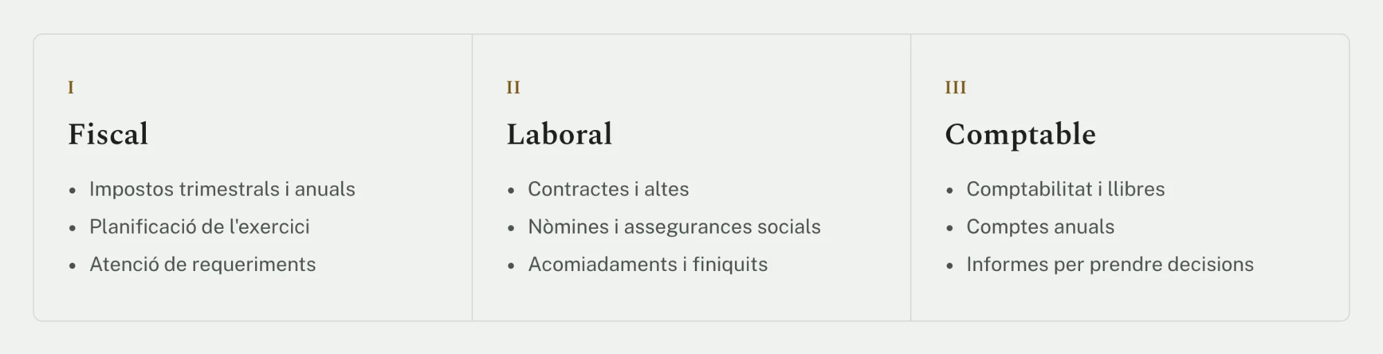 Detall: tres columnes de serveis, fiscal, laboral i comptable, numerades amb xifres romanes i amb tres línies cadascuna.