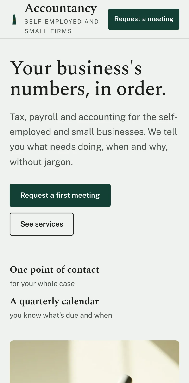 The accountancy concept on a phone: the opening, the quarterly list and the enquiry form.
