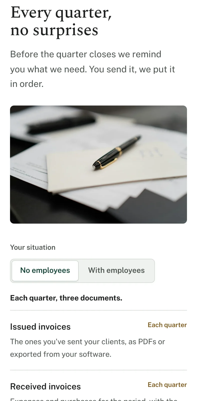 The quarterly section on a phone, with the list of documents.