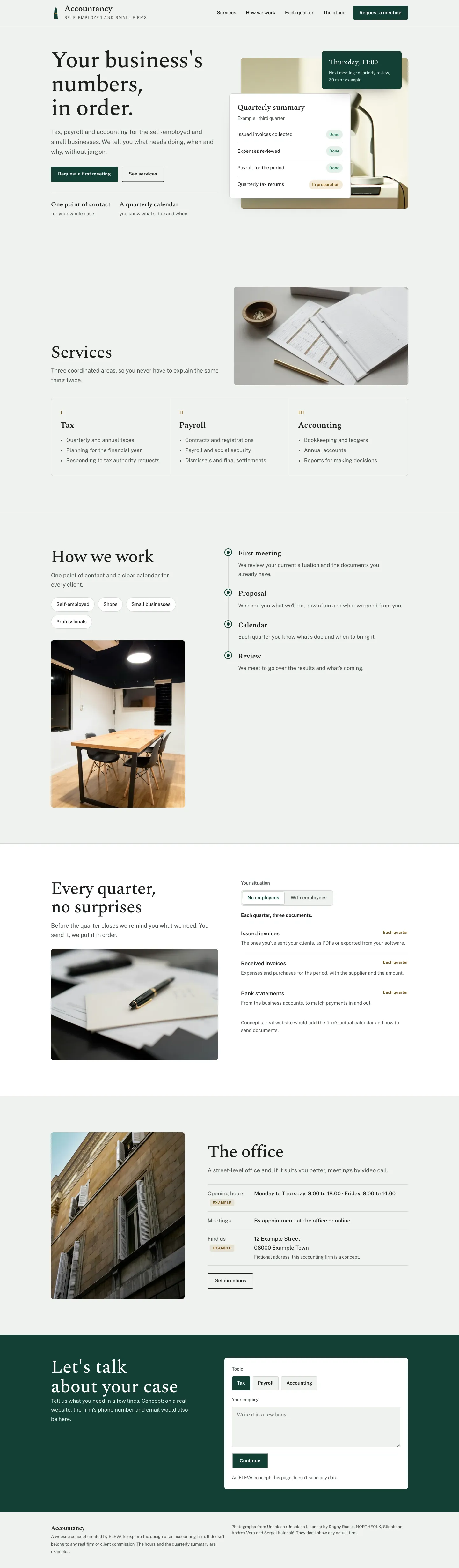 A full capture of the concept: the opening with the quarterly summary, services, how we work, what is requested each quarter, the office with the sample address, contact and footer.