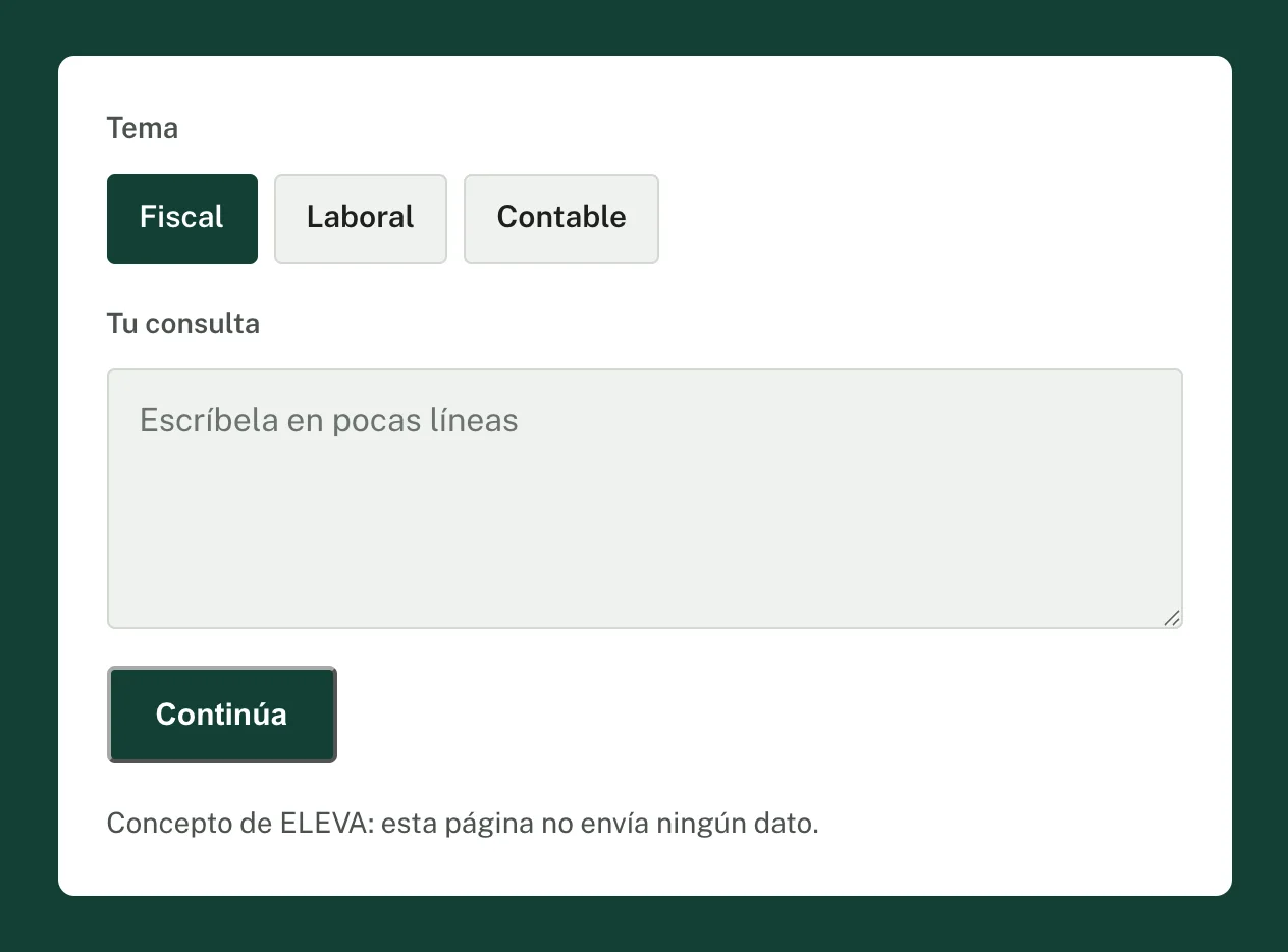 El formulario de consulta del concepto de asesoría: el tema (fiscal, laboral o contable), un campo para explicar el caso y el botón para continuar.