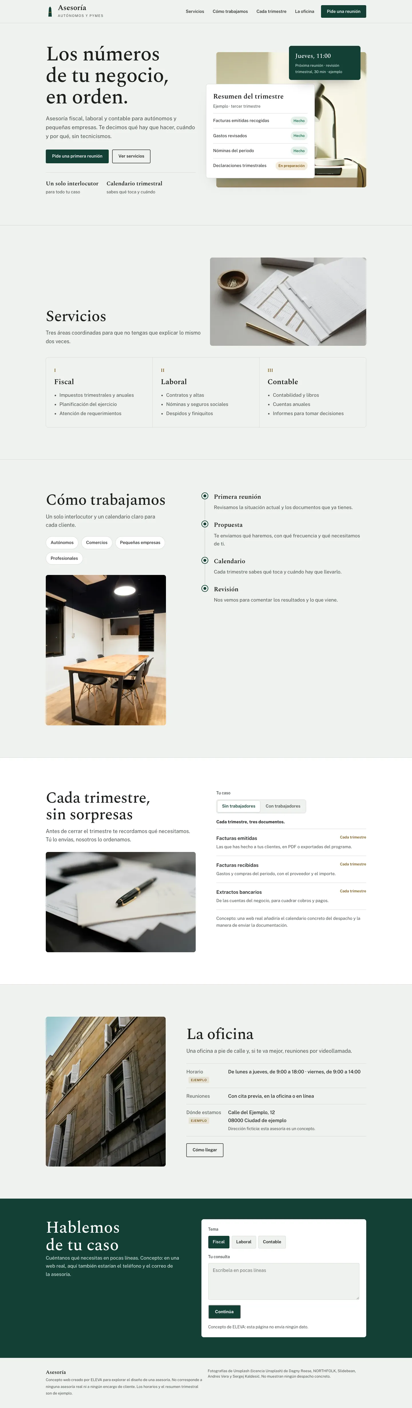 Captura completa del concepto: inicio con el resumen trimestral, servicios, cómo trabajamos, qué se pide cada trimestre, la oficina con la dirección de ejemplo, contacto y pie de página.