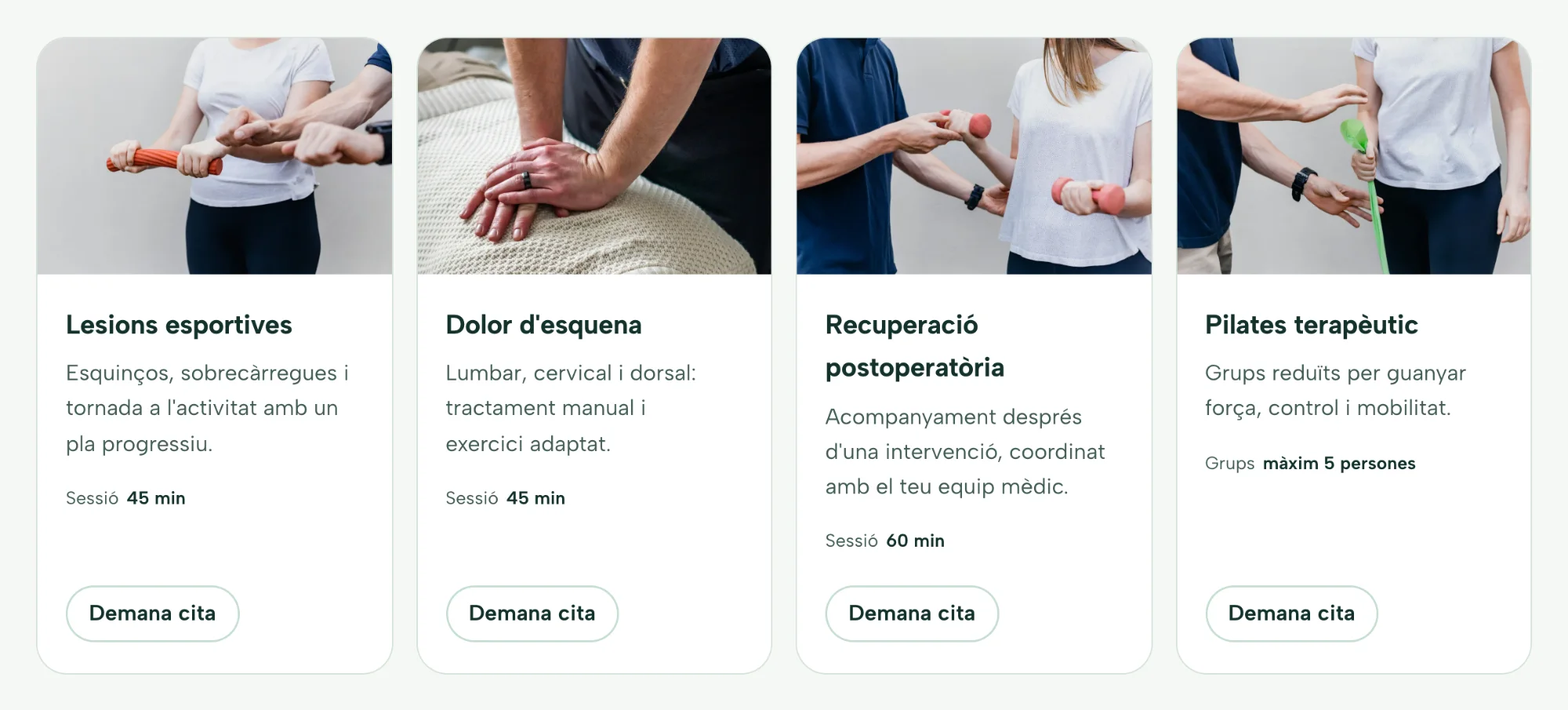 Detall: quatre targetes de tractament amb fotografia, títol, una frase i la durada de la sessió.