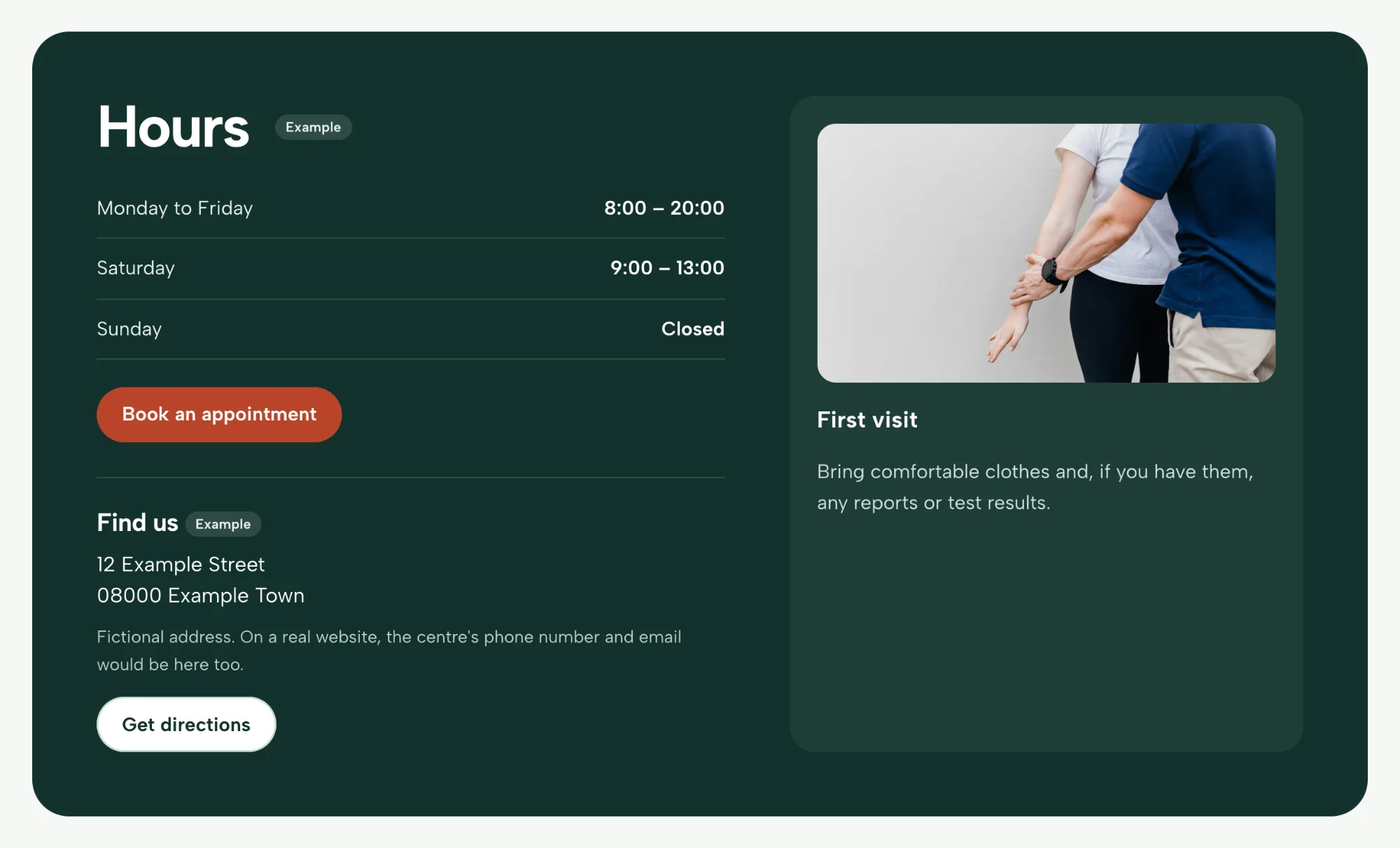 Detail: the sample hours block in dark green, with the opening times, the “Book an appointment” button, the sample address with the “Get directions” button and what to bring to the first visit.