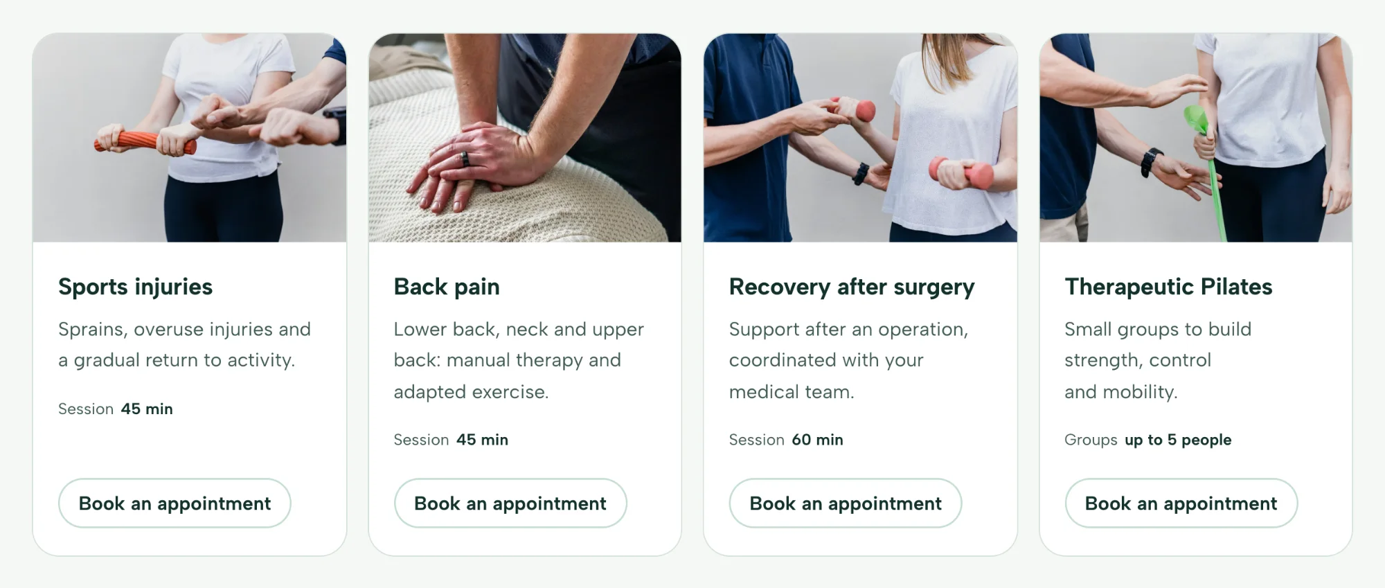 Detail: four treatment cards with a photograph, a title, one sentence and the session length.