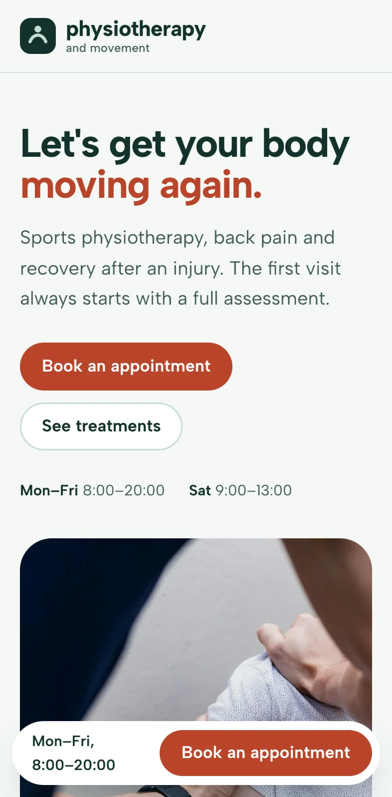 The physiotherapy concept on a phone: the opening, the treatments and the hours with the “Book an appointment” button.