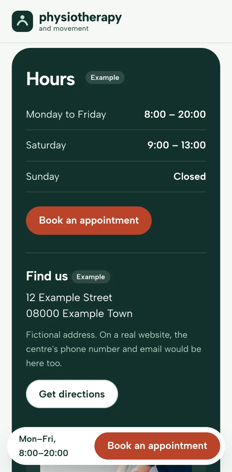 The hours on a phone, in a dark green band, with the “Book an appointment” button, the sample address with “Get directions” and the fixed bar at the bottom.