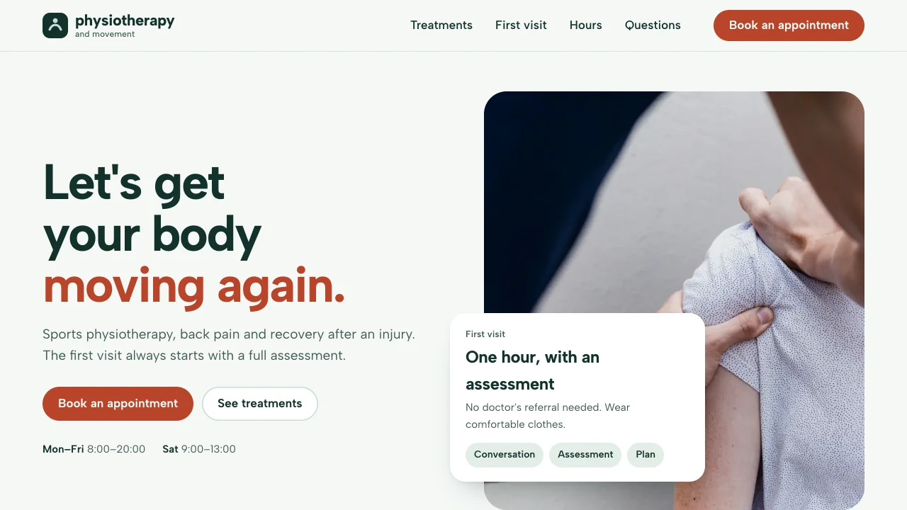 The physiotherapy concept on a computer: the opening, the treatments and the hours with the “Book an appointment” button.
