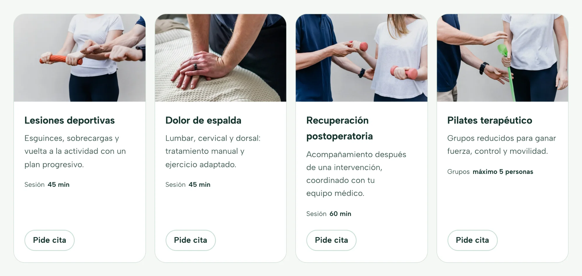 Detalle: cuatro tarjetas de tratamiento con fotografía, título, una frase y la duración de la sesión.