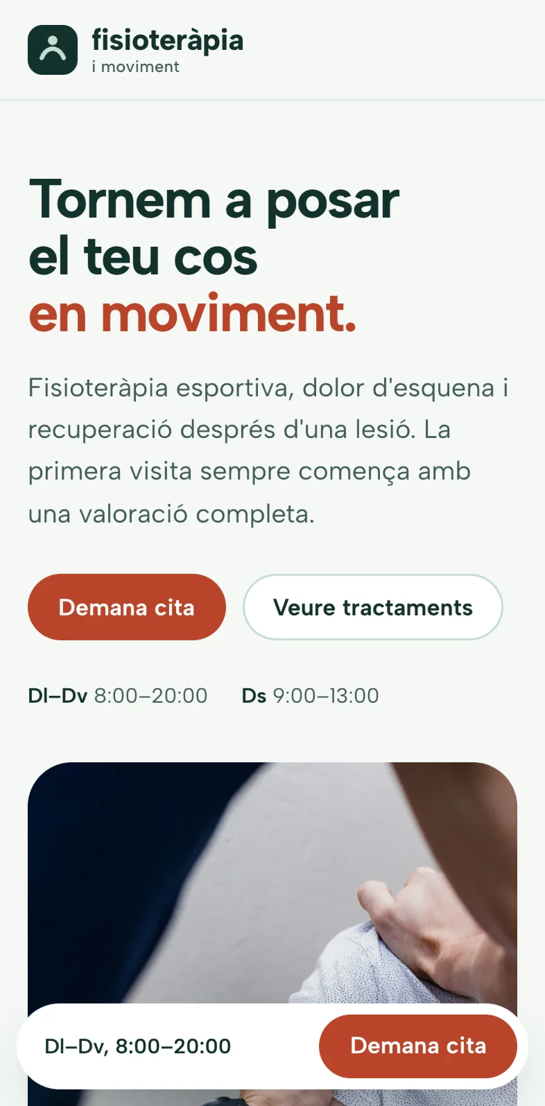 Inici al mòbil: el titular, el text de presentació, els botons per demanar cita i els horaris.