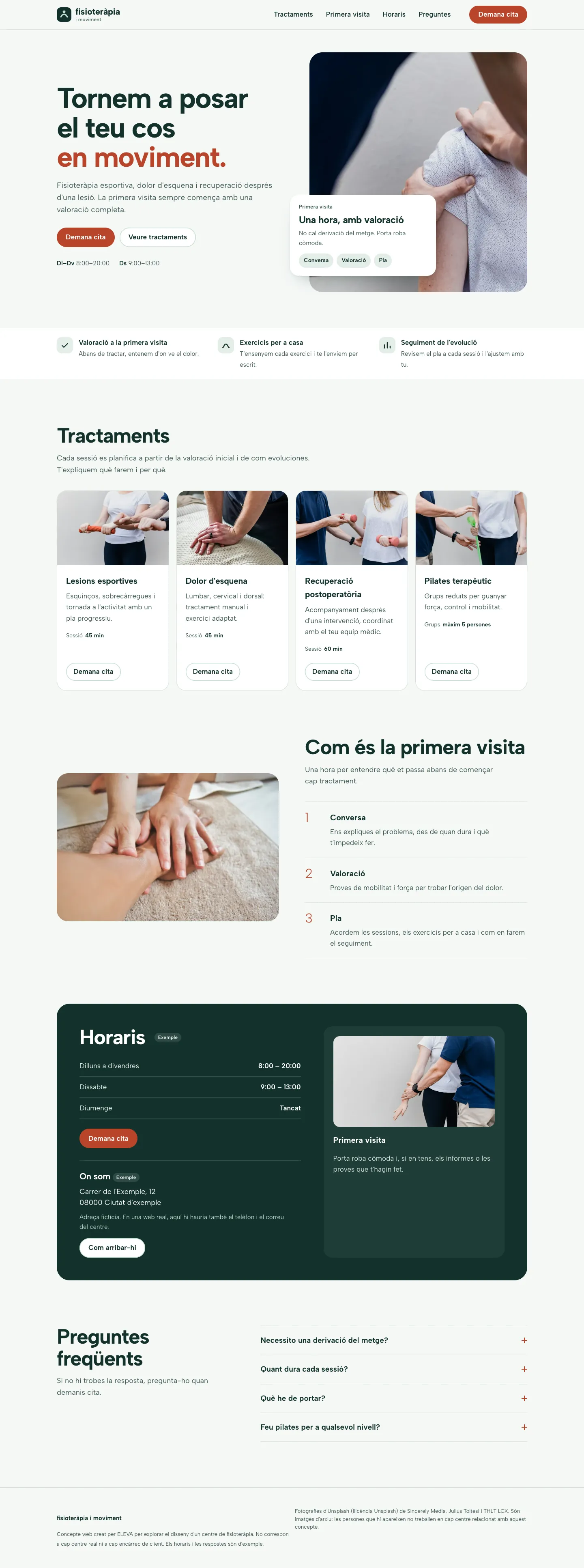 Captura completa del concepte: inici, avantatges, tractaments, primera visita, horaris i l'adreça d'exemple, preguntes freqüents i peu de pàgina.