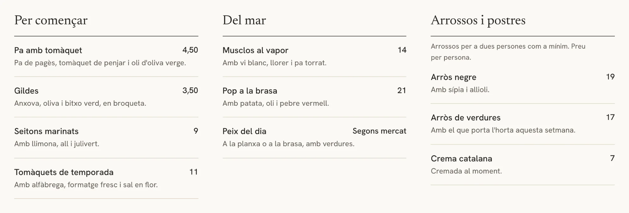 La carta d'exemple del concepte de restaurant, en tres columnes, amb el nom de cada plat, una línia de descripció i el preu alineat a la dreta.