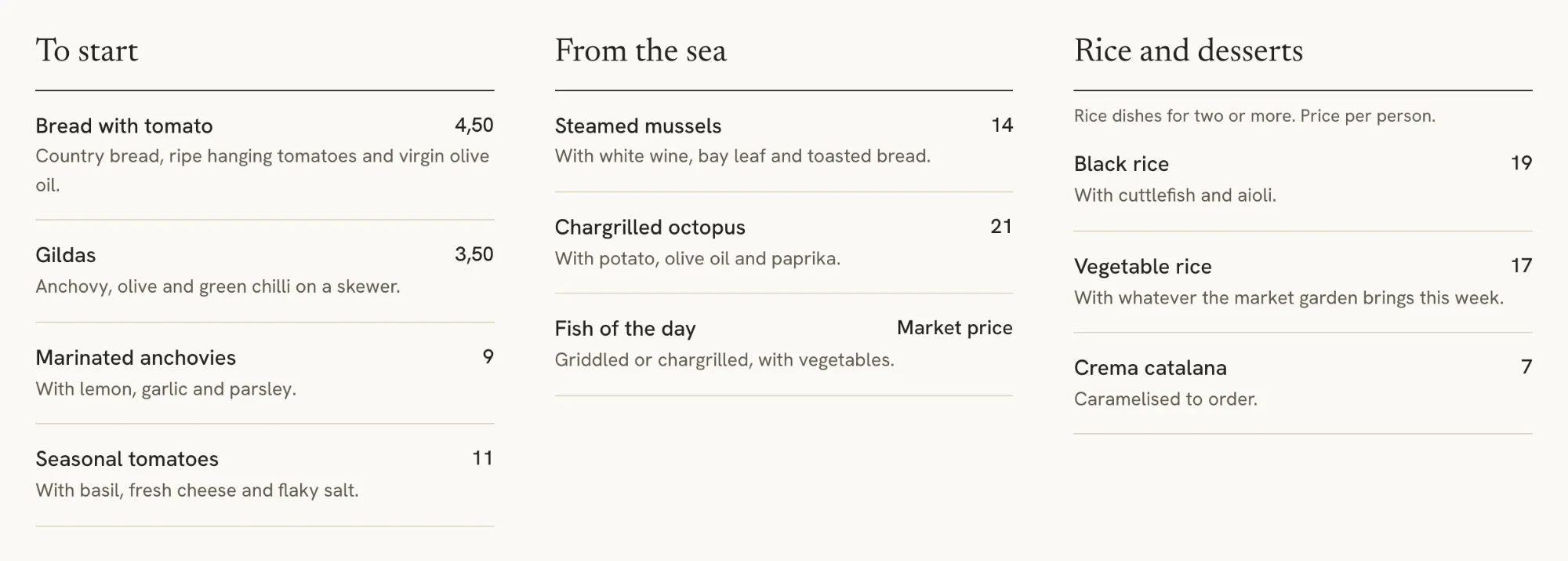 The sample menu from the restaurant concept, in three columns, with each dish's name, a line of description and the price aligned to the right.