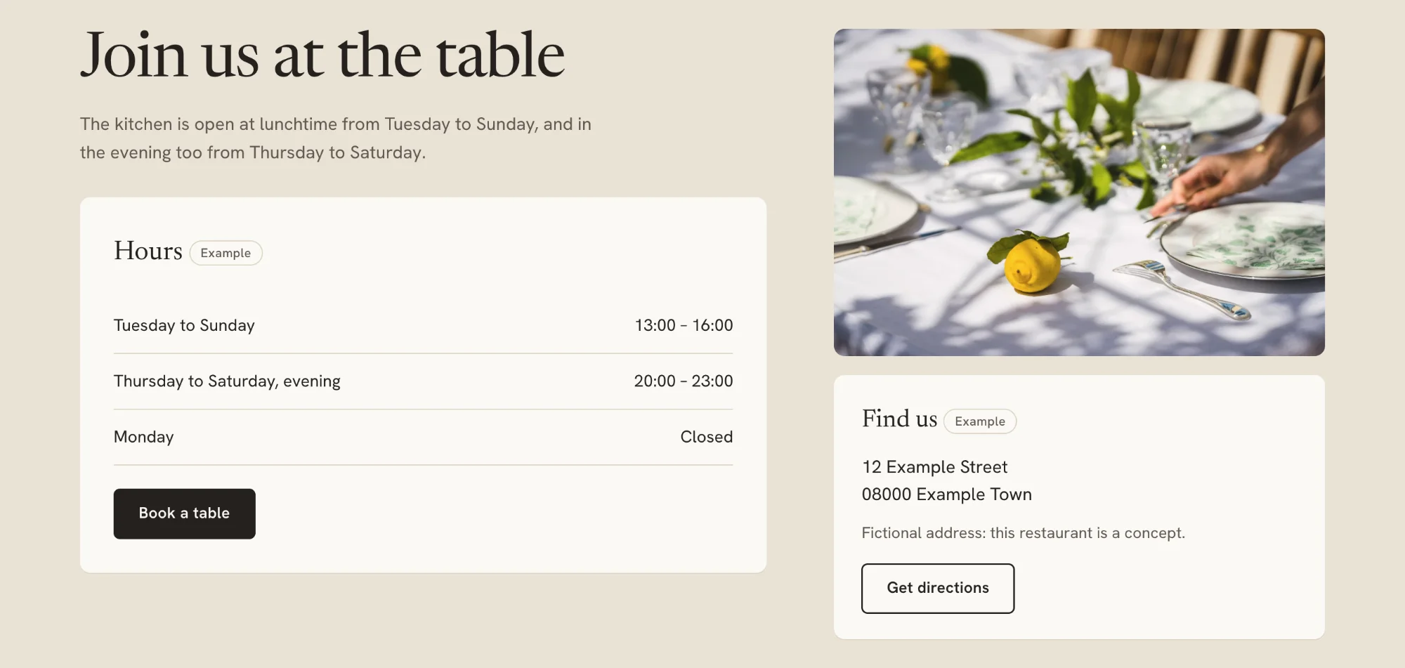 Detail: the sample hours on a light card, with the “Book a table” button, and beside it a photograph of a laid table and the sample address with the “Get directions” button.