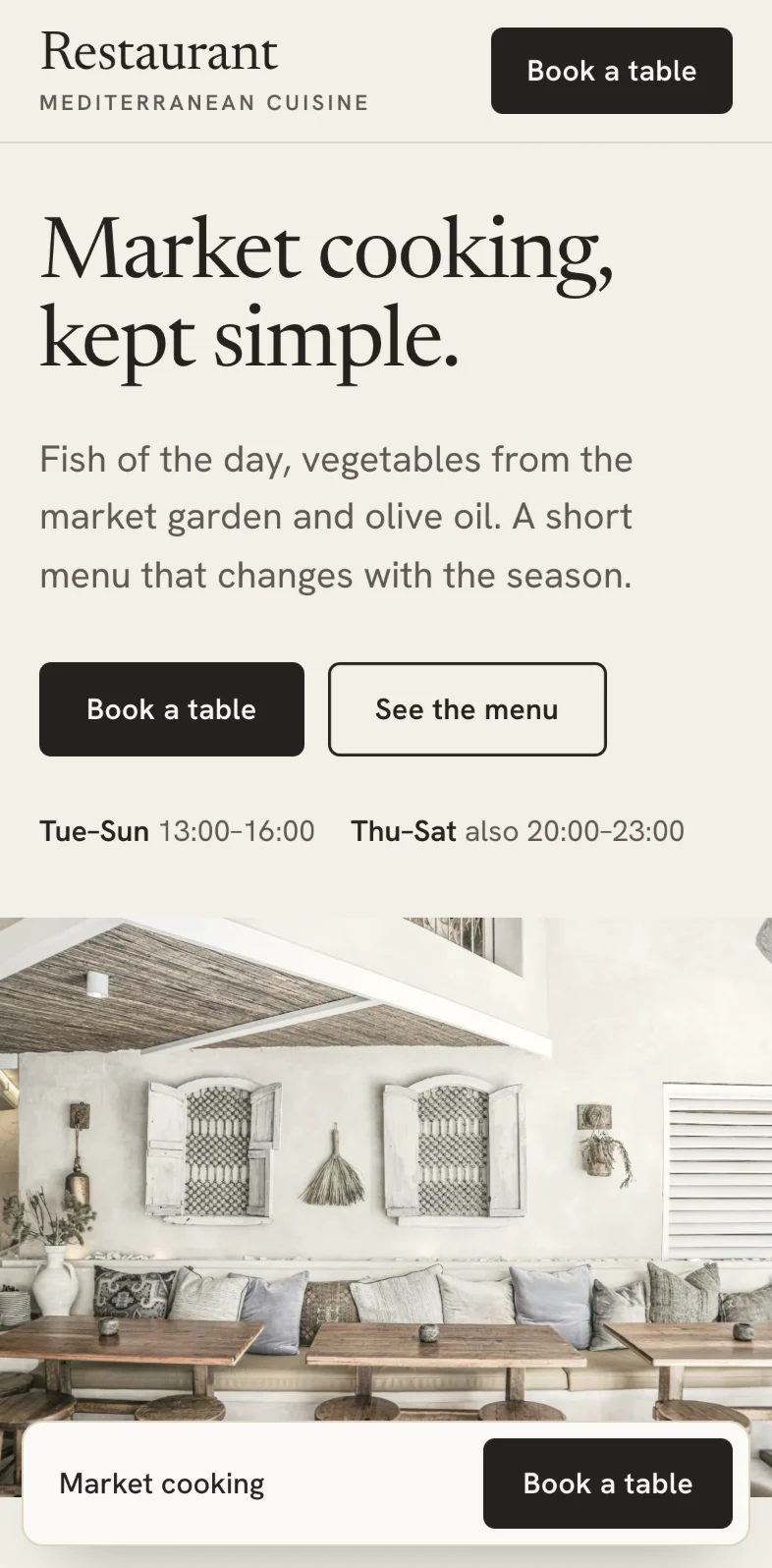 The restaurant concept on a phone: the opening, the menu and the “Book a table” button.