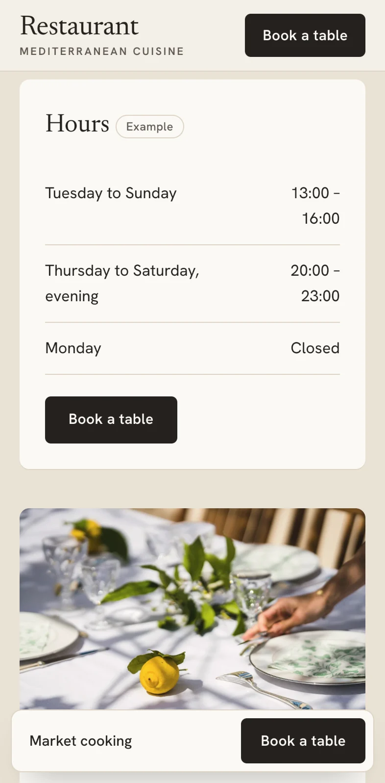 The hours on a phone, with the “Book a table” button on the card and in the fixed bar at the bottom.