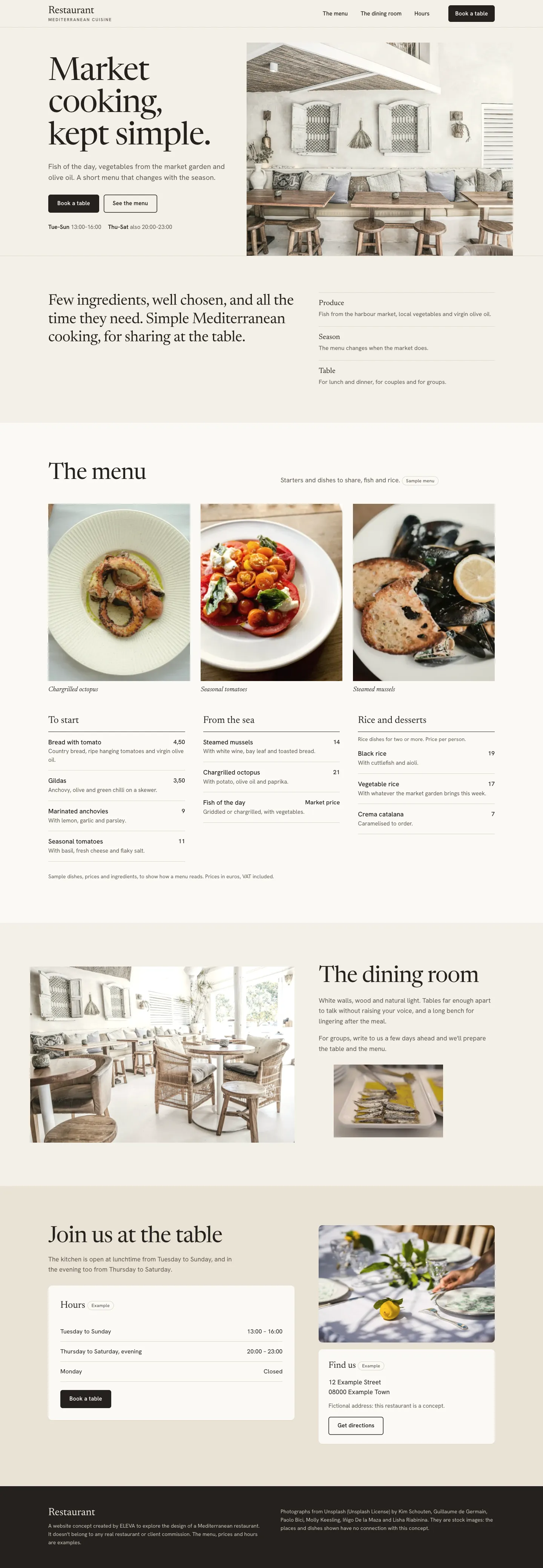 A full capture of the concept: the opening with the dining-room photograph, the cooking in one sentence, the menu with dish photographs, the room, the hours with the “Book a table” button, the sample address with “Get directions” and the footer.