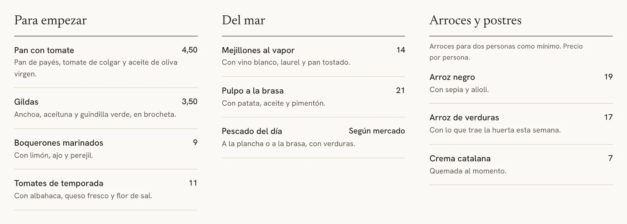 La carta de ejemplo del concepto de restaurante, en tres columnas, con el nombre de cada plato, una línea de descripción y el precio alineado a la derecha.