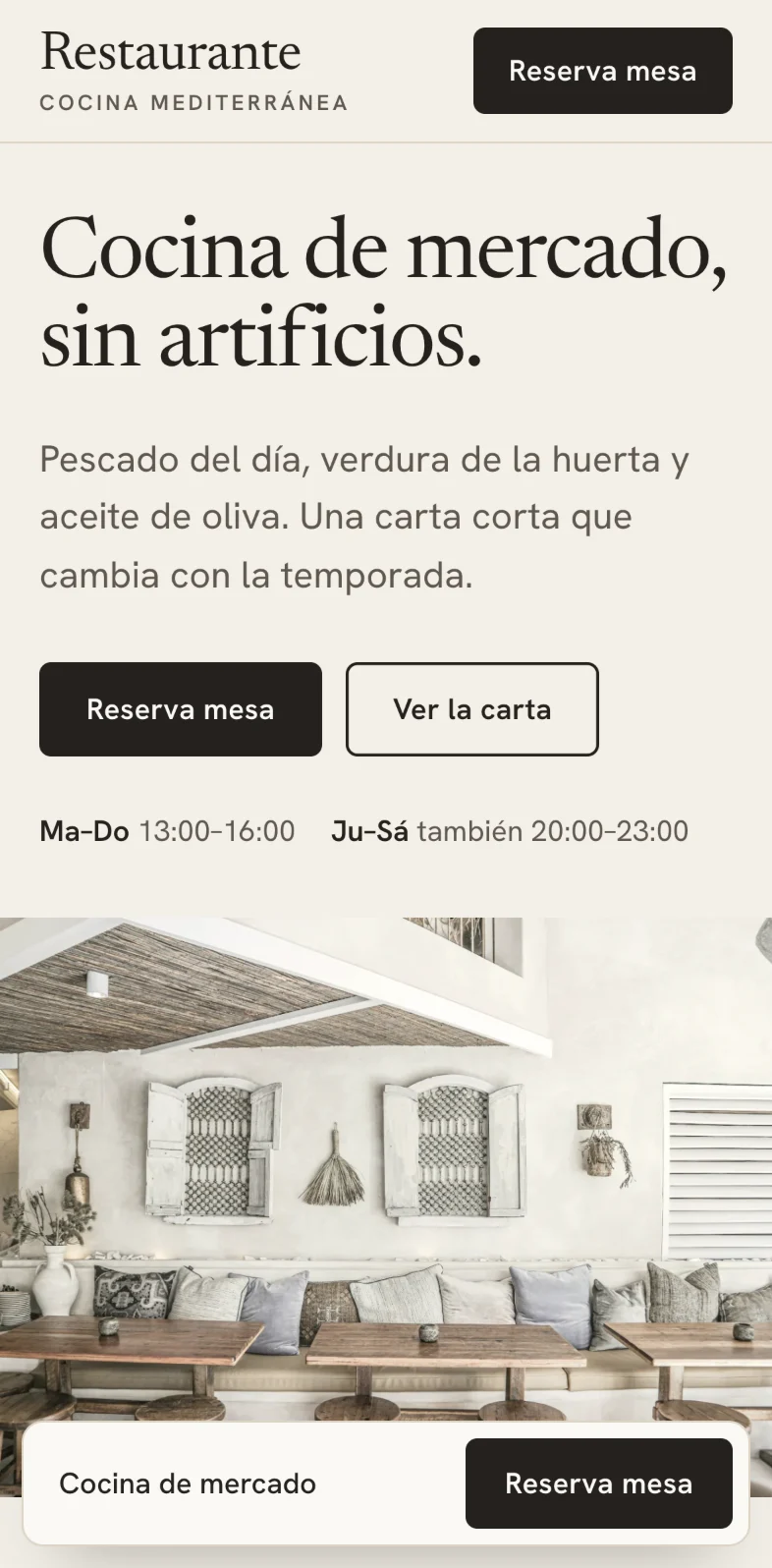 El concepto de restaurante en el móvil: la portada, la carta y el botón «Reserva mesa».