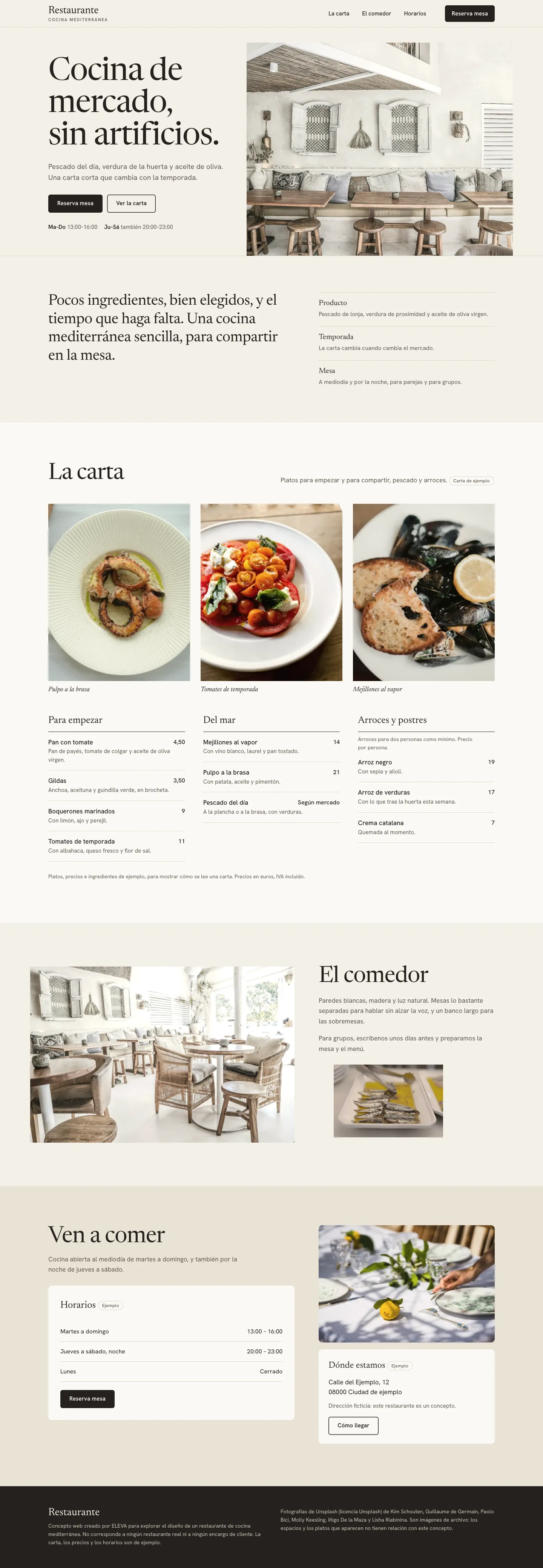 Captura completa del concepto: inicio con la fotografía del comedor, la cocina en una frase, la carta con fotografías de platos, el comedor, el horario con el botón «Reserva mesa», la dirección de ejemplo con «Cómo llegar» y el pie de página.