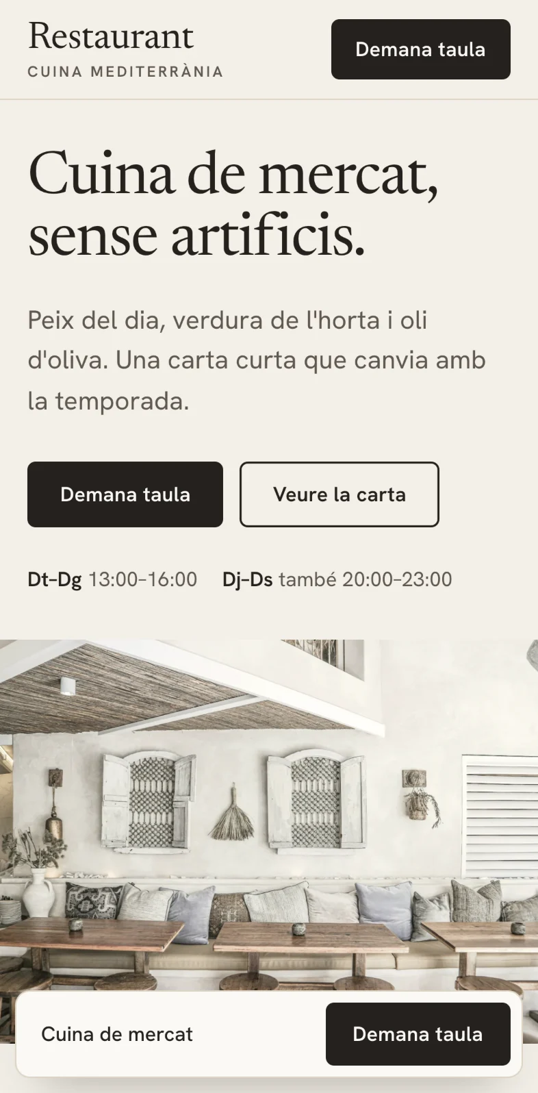 Inici al mòbil: el titular, els botons per demanar taula i veure la carta, l'horari i la fotografia de la sala.