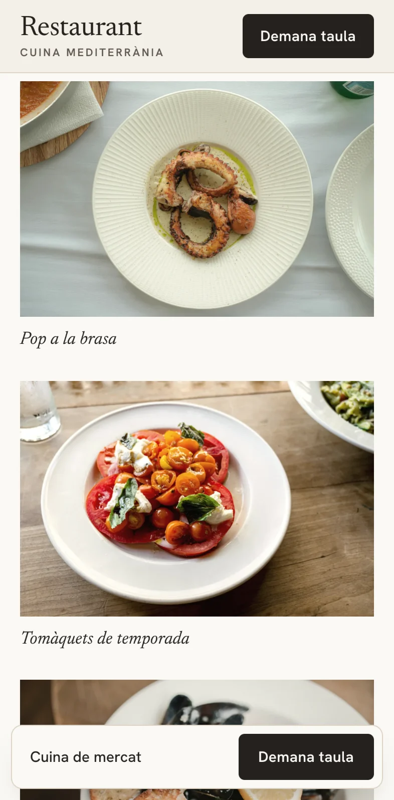 La carta al mòbil: les fotografies dels plats, una sota l'altra, amb el nom de cada plat.