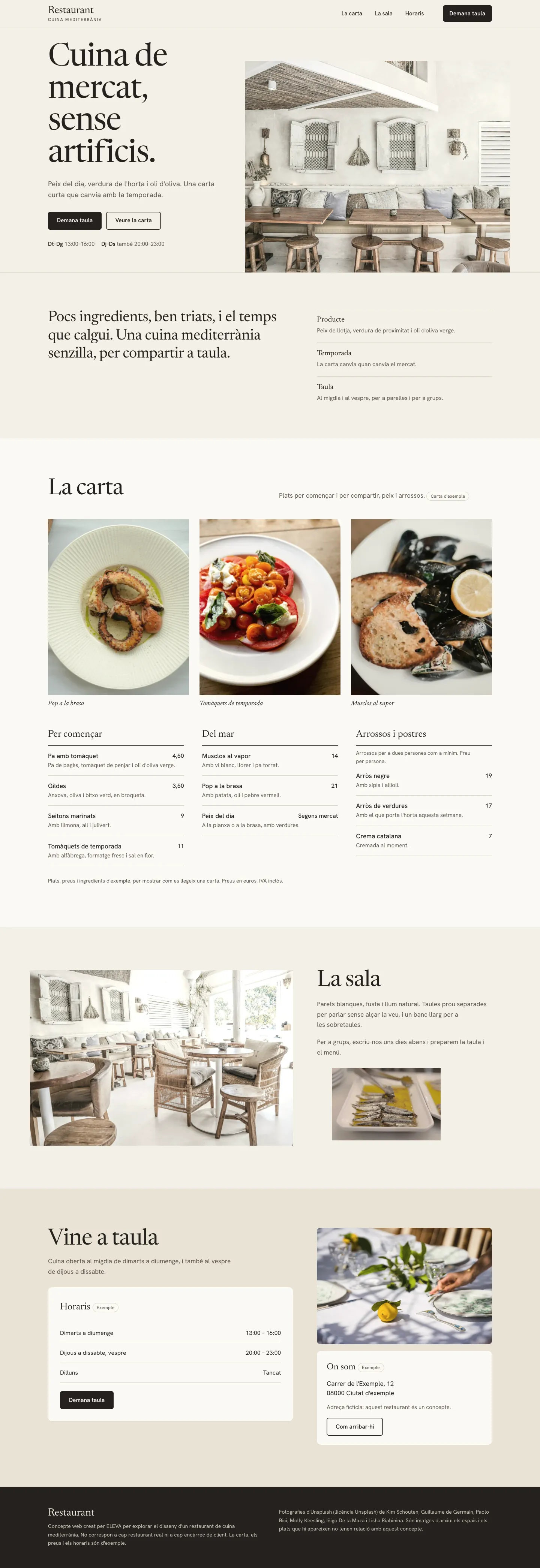 Captura completa del concepte: inici amb la fotografia de la sala, la cuina en una frase, la carta amb fotografies de plats, la sala, l'horari amb el botó «Demana taula», l'adreça d'exemple amb «Com arribar-hi» i el peu de pàgina.